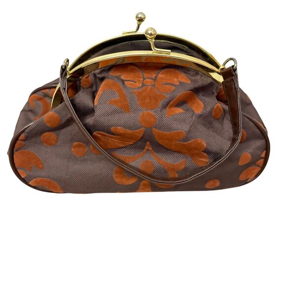 Murval Brown Velvet Flocked Handbag Purse Gold Kiss Lock Frame Retro Style - Picture 2 of 6